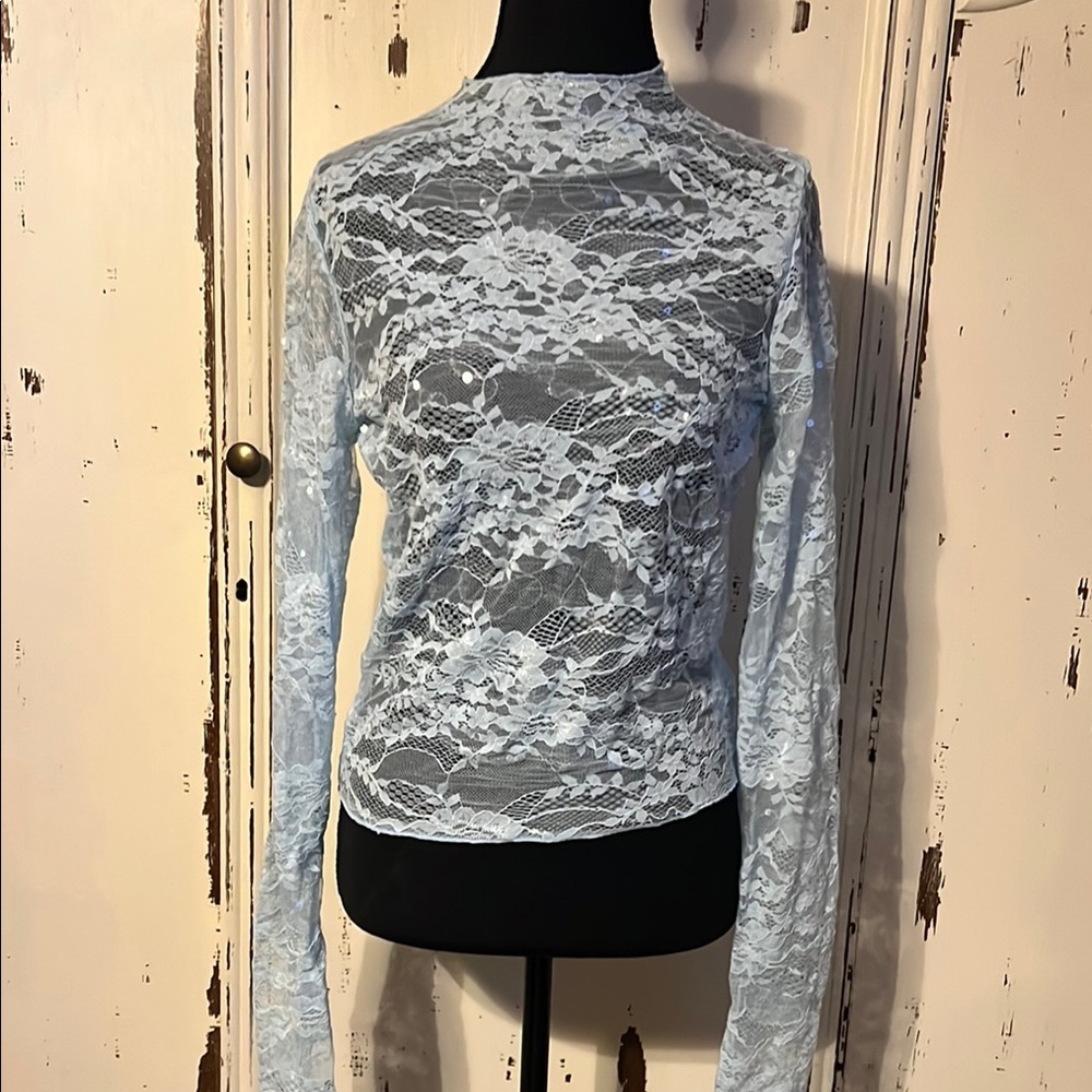 Wild Fable Blue Sheer Fitted Long Sleeve Blouse